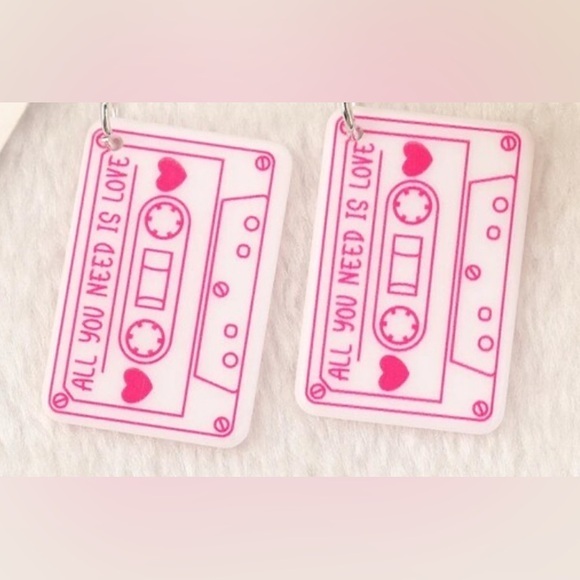NWT - All You Need Is Love - White Cassette Acrylic Dangle Earrings Set - Picture 1 of 2